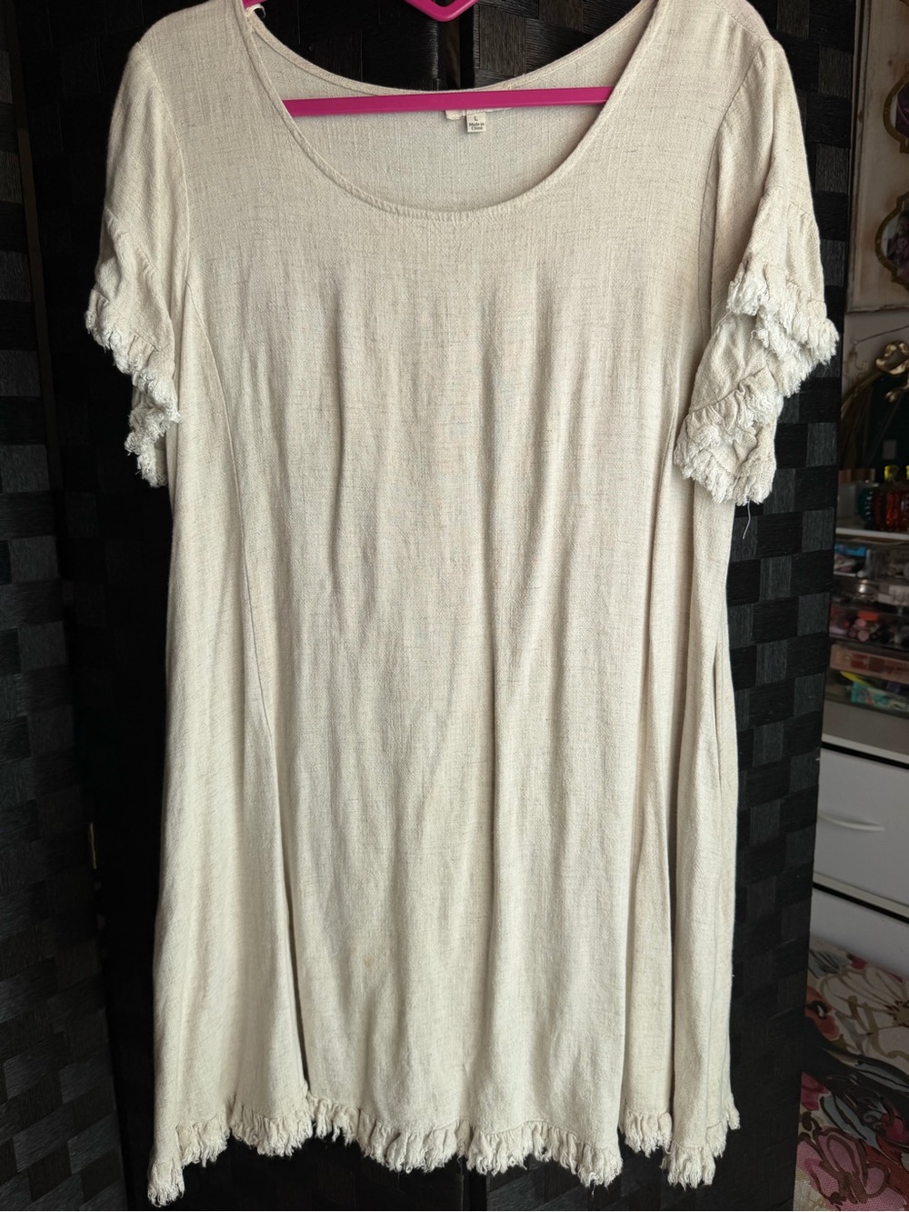 Umgee Cream Fringe Sleeve Scoop Neck Tunic Dress